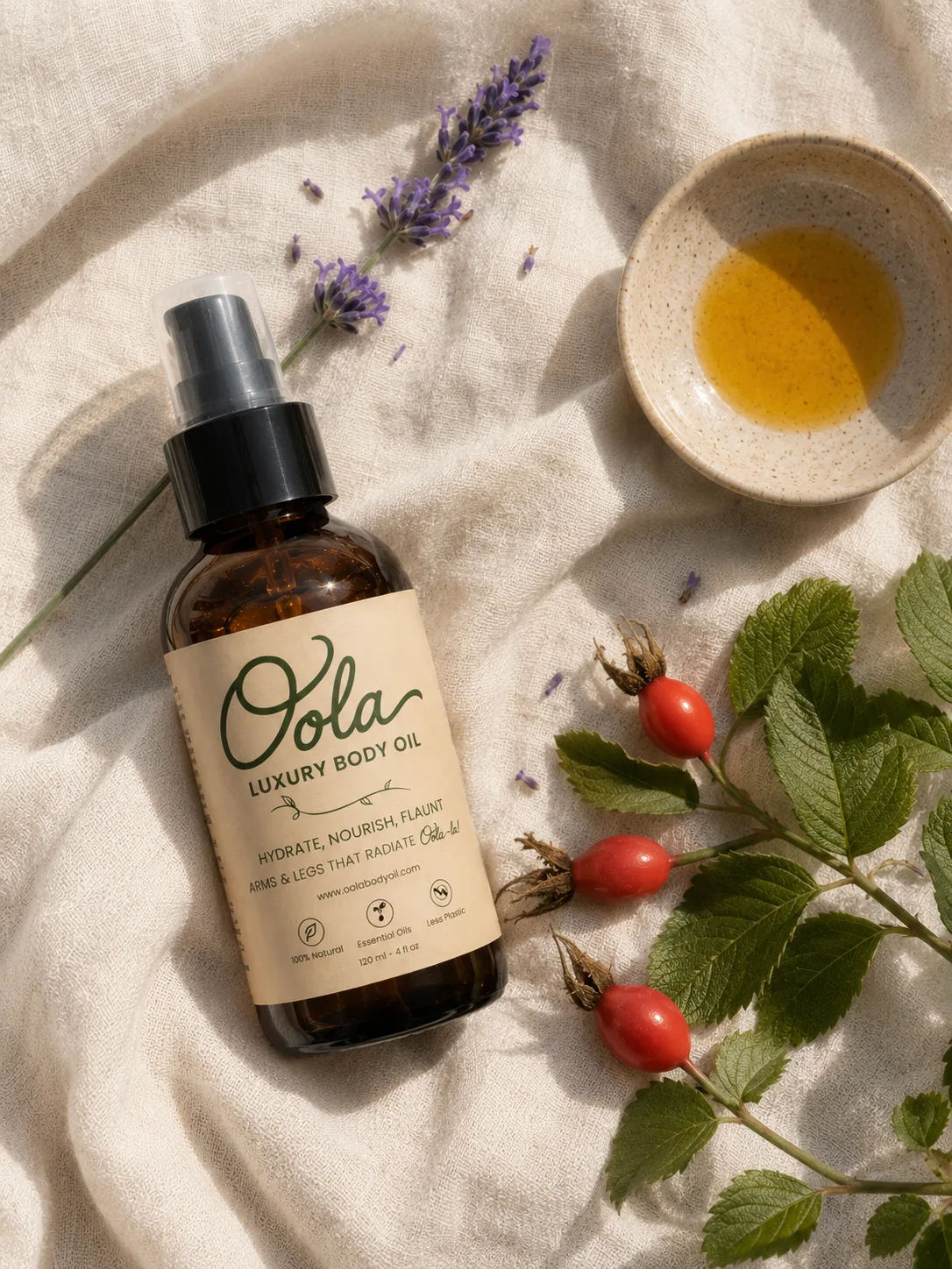 Oola bottle lying on linen with lavender, rosehips, and a small dish of golden oil