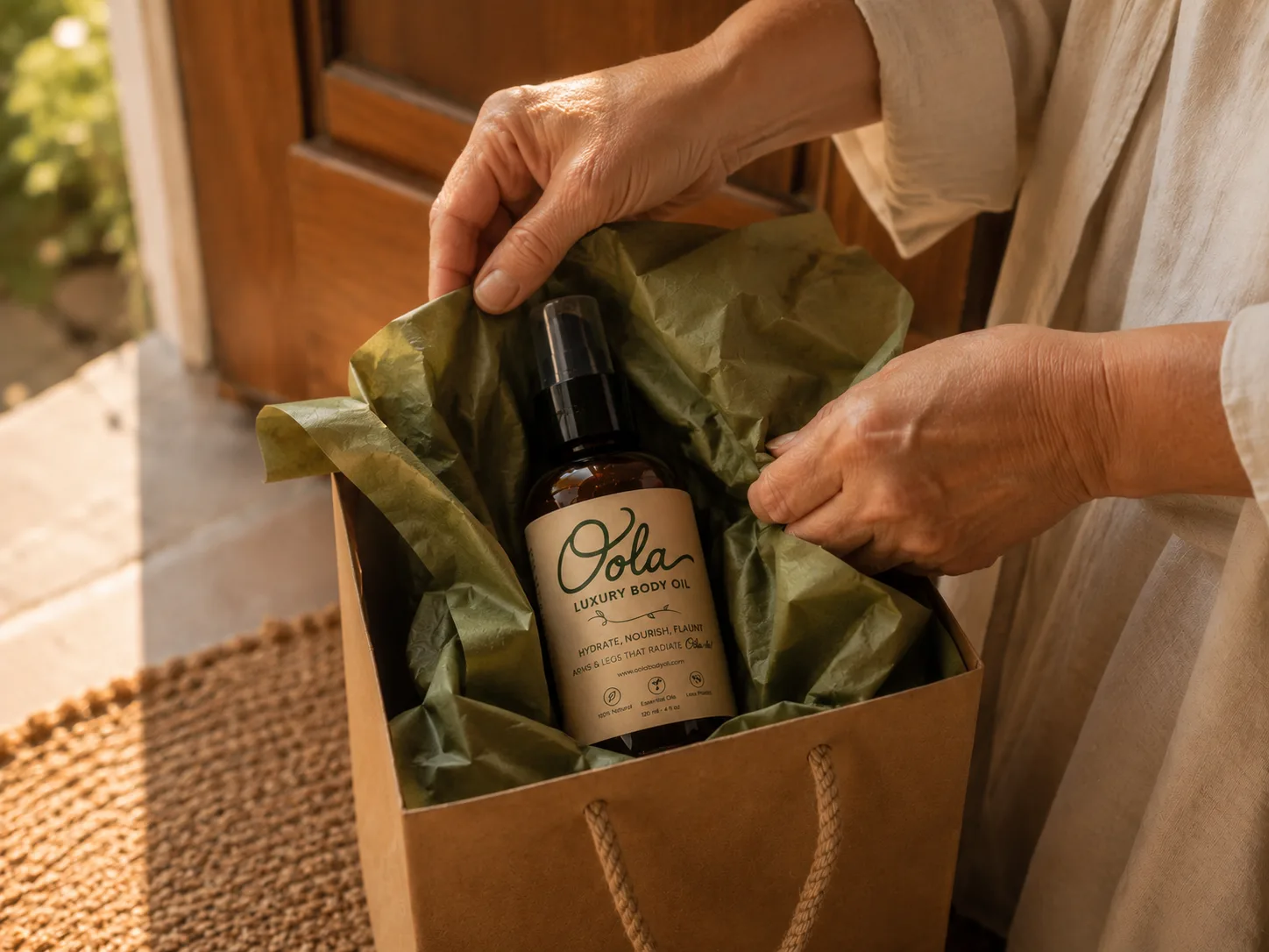 Hands lifting a bottle of Oola body oil from a kraft gift bag lined with green tissue paper