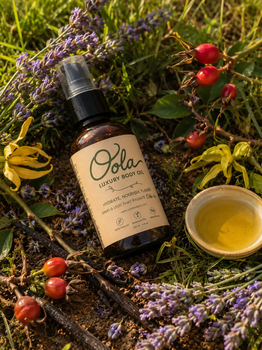 Bottle of Oola Luxury Body Oil resting in a garden bed among lavender, rosehips, ylang-ylang blossoms, vanilla pods, and a small dish of golden oil